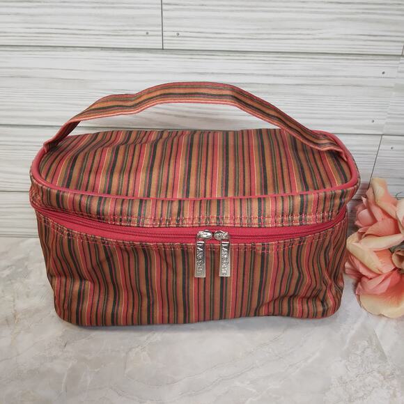 Lancôme Promo Cosmetic Bag Make Up Purse Red Striped Travel Pouch w/Handle 9x4" - Picture 2 of 9